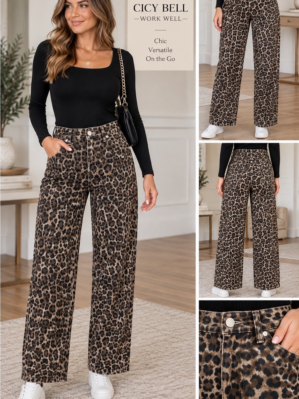 Cicy Bell High-Rise Leopard Wide Leg Pants - Brown